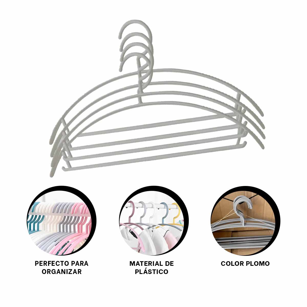 SUJETADOR DE ROPA DE PLASTICO PLOMO MEDIA LUNA DE 4 PIEZAS PARA GUARDARROPA Y+POST IT - 5