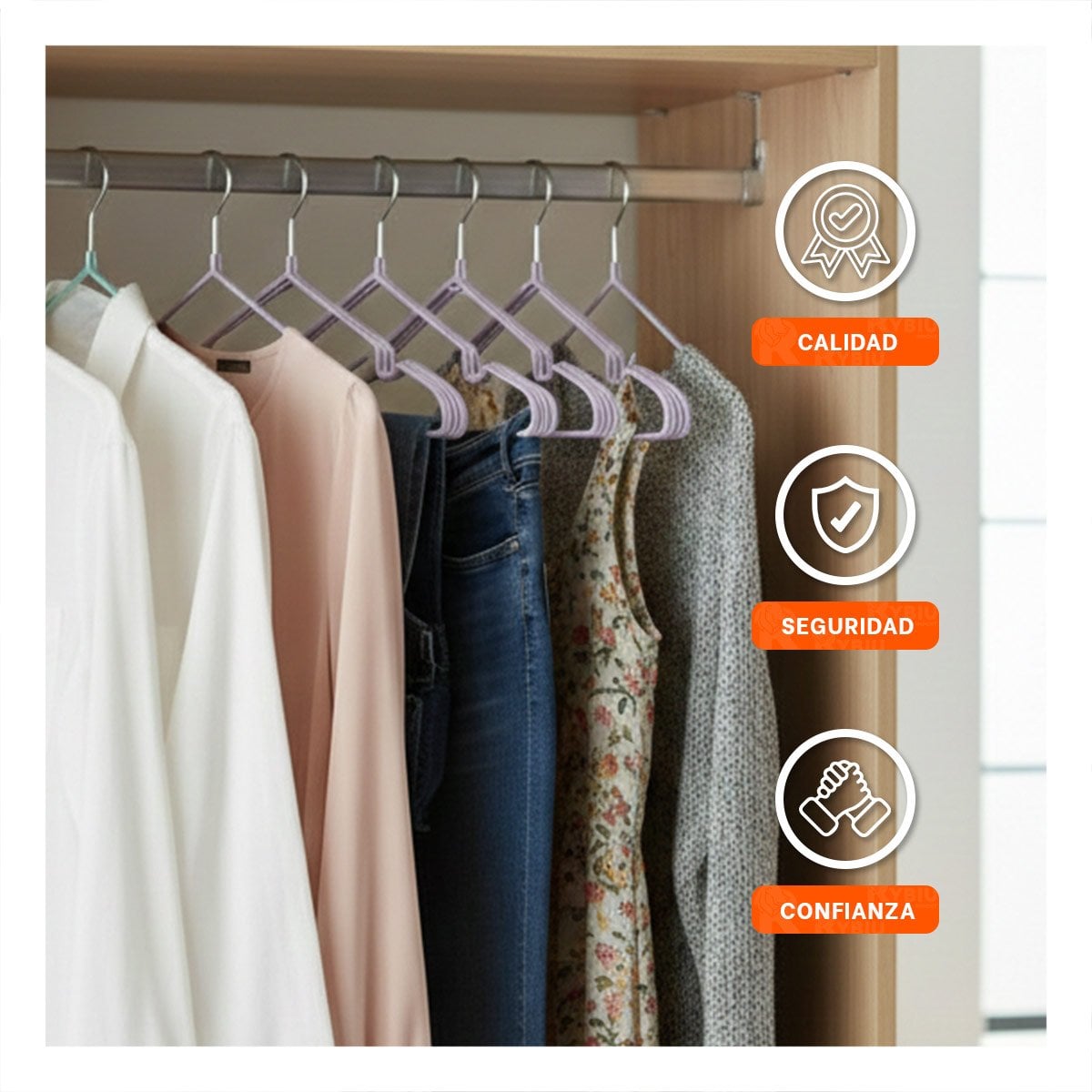 SUJETADOR DE ROPA DE ALAMBRE CON PLASTICO LILA 5 PIEZAS PARA GUARDARROPA Y+POST IT - 3