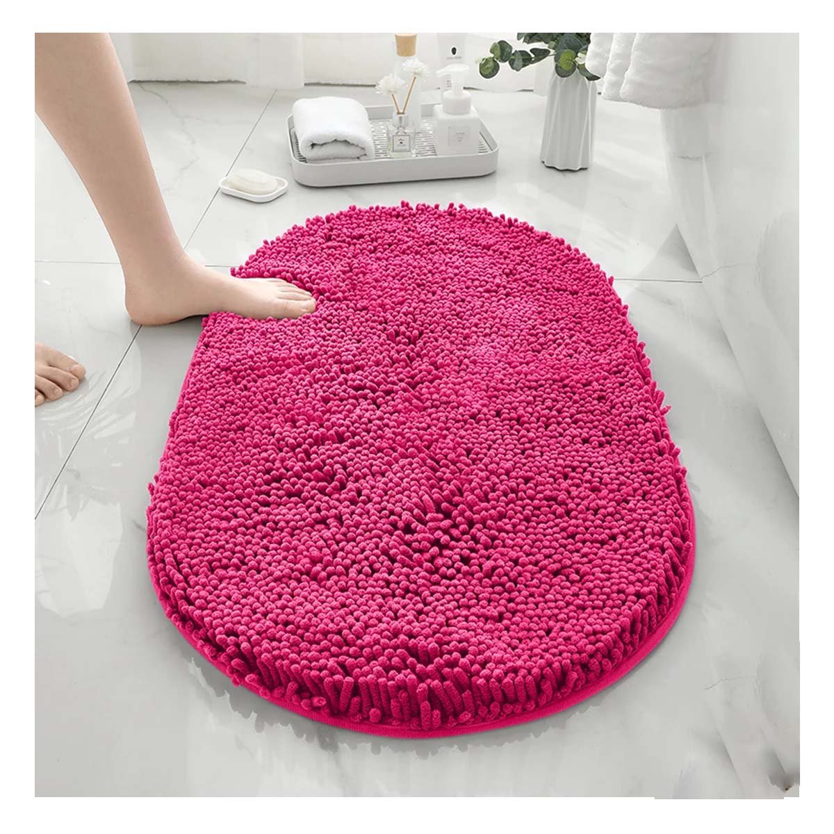 ALFOMBRA OVALADA DE MICROFIBRA 40X60CM FUCSIA ANTIDESLIZANTE PARA BANO Y+PAPEL REGALO - 2