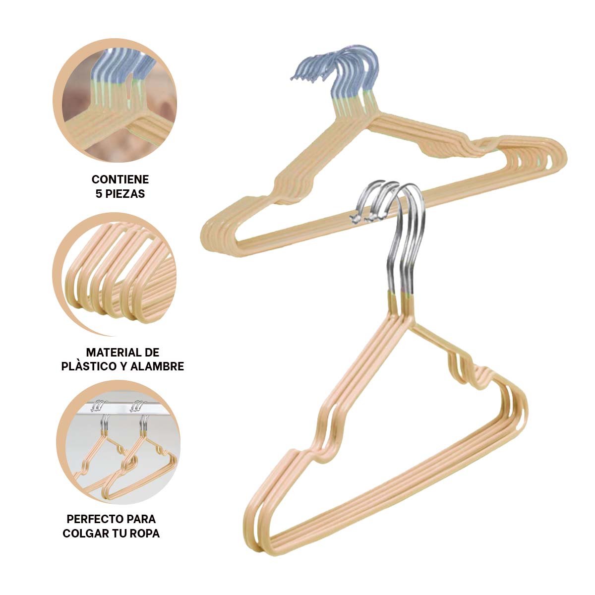 COLGADOR DE ALAMBRE VERSATIL Y DURABLE PARA ROPA 5 PIEZAS 20X40,5CM CREMA Y+POST IT - 5