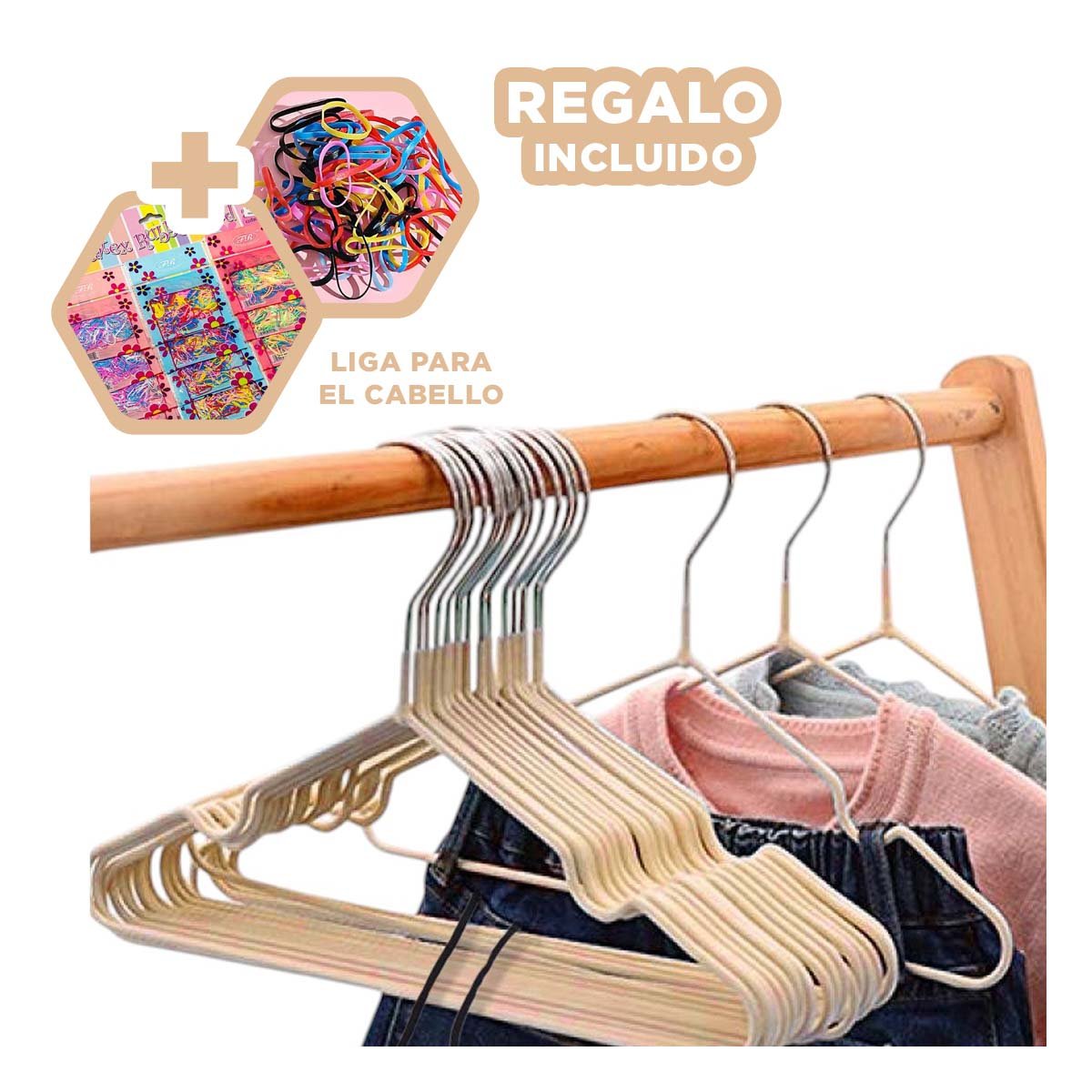 COLGADOR DE ALAMBRE ELEGANTE Y MINIMALISTA PARA ROPA 5 PIEZAS 20X40,5CM CREMA Y+LIGAS REGALO - 2