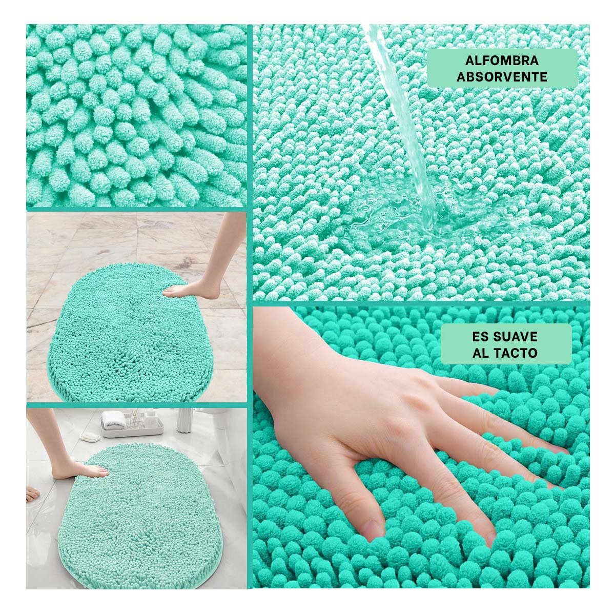 PACK2 ALFOMBRA OVALADA DE MICROFIBRA 40X60CM TURQUEZA ANTIDESLIZANTE PARA BANO Y+PAPEL REGALO - 3