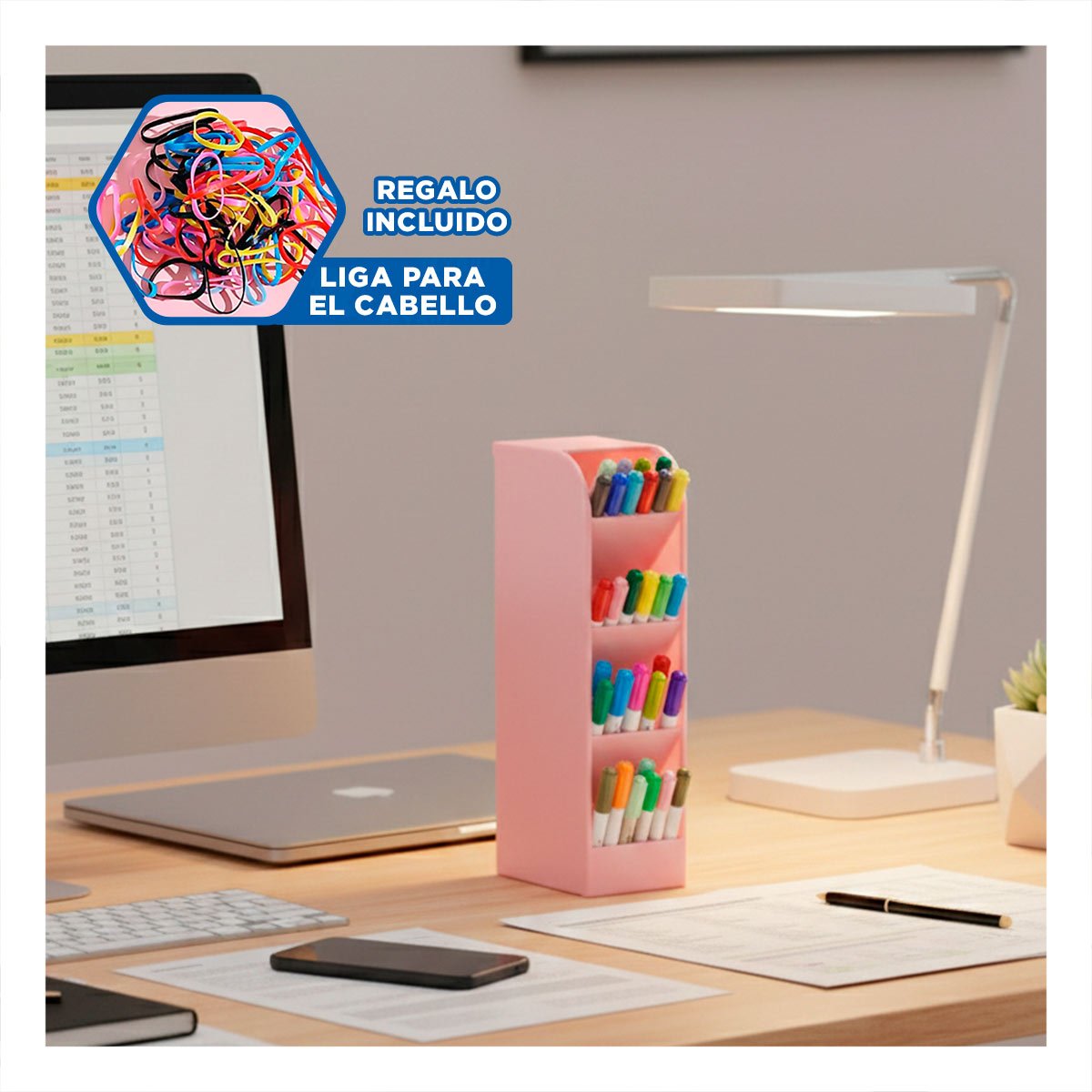 ORGANIZADOR PARA AREA LABORAL CON VISTA INCLINADA ROSADO DE DIMENSIÓN 20,5X5X9CM Y+LIGAS REGALO - 2