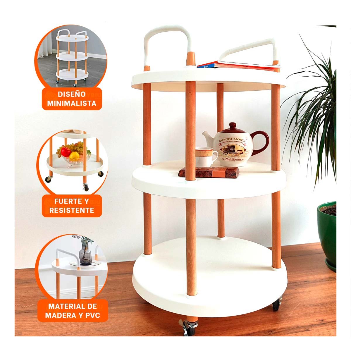 PACK4 ESTANTE 3 NIVELES CIRCULAR CON ASA BLANCO PRACTICO Y MODERNO PARA CASA Y+PAPEL REGALO - 2