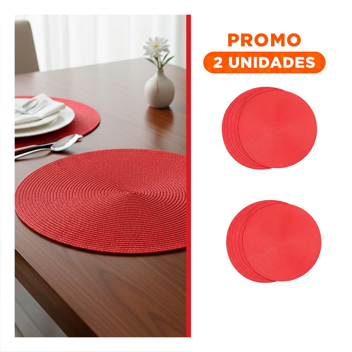 PACK2 MANTEL INDIVIDUAL CIRCULAR CON ACABADO PAJITA BRILLOSO ROJO Y+REGALO STICKER - 1