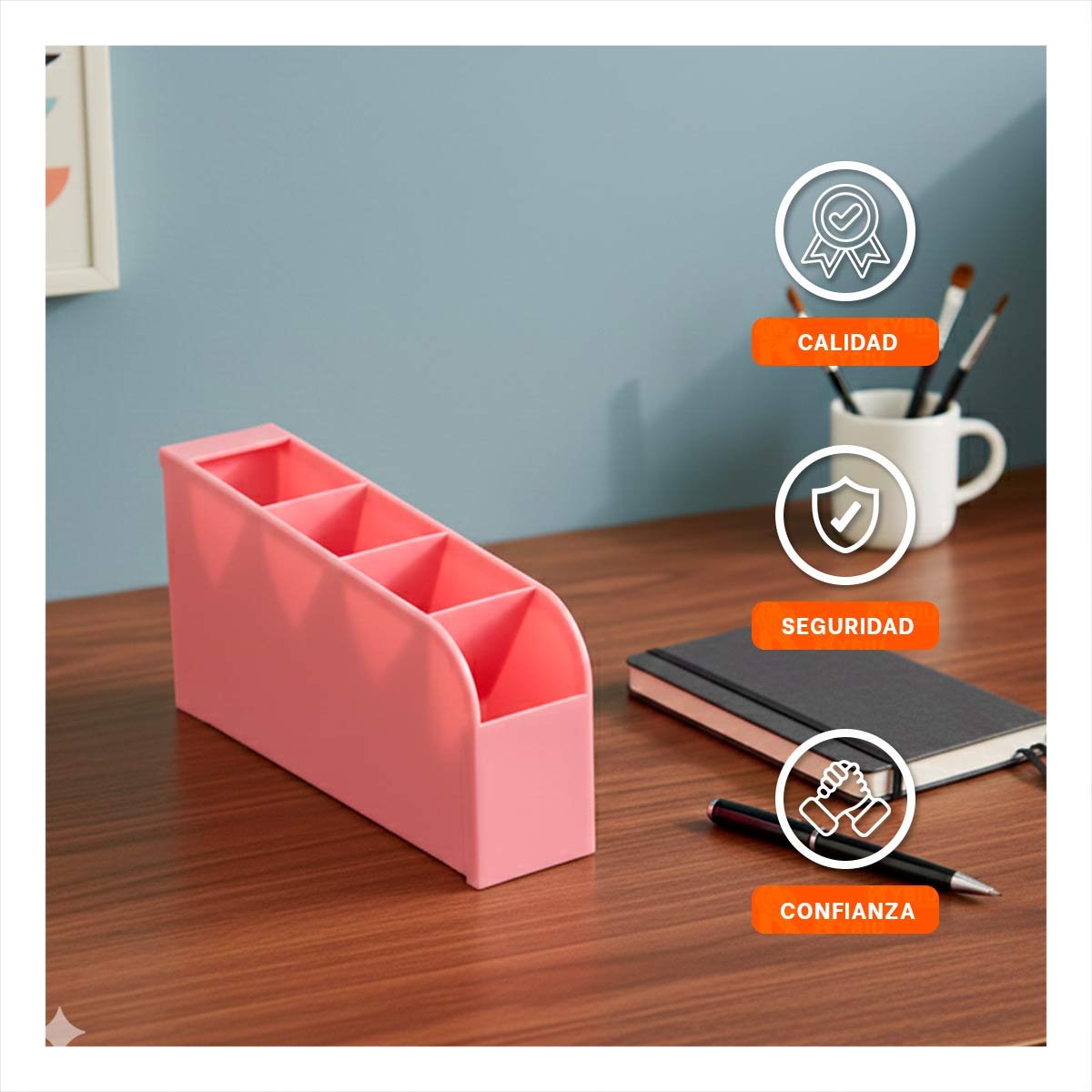 ORGANIZADOR CON CUATRO ESPACIOS DE COLOR ROSADO DE DIMENSIÓN 20,5X5X9CM Y+REGALO STICKER - 5