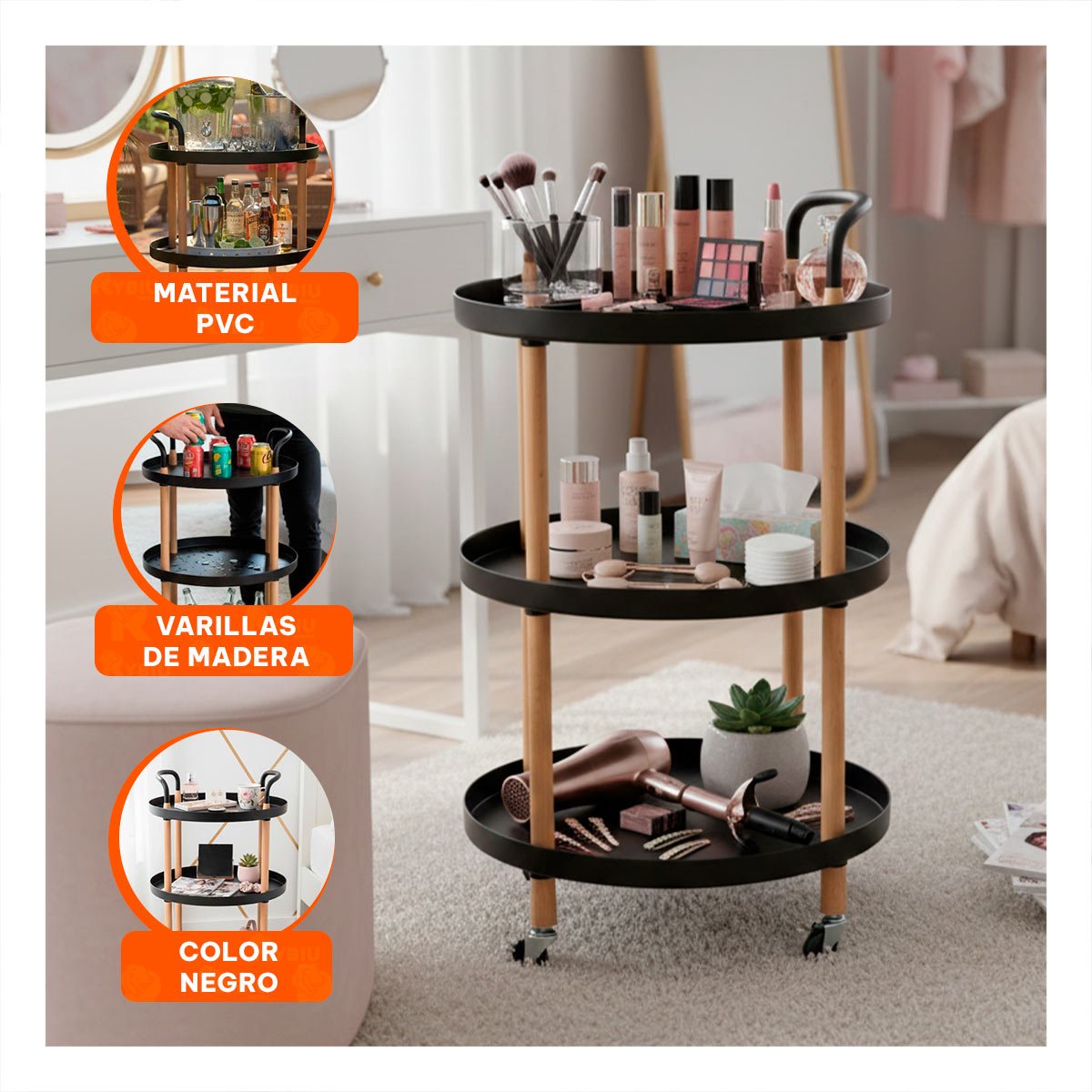PACK4 MESA CARRITO 3 NIVELES CIRCULAR CON ASA NEGRO PARA COCINA OFICINA Y SALA Y+REGALO STICKER - 5