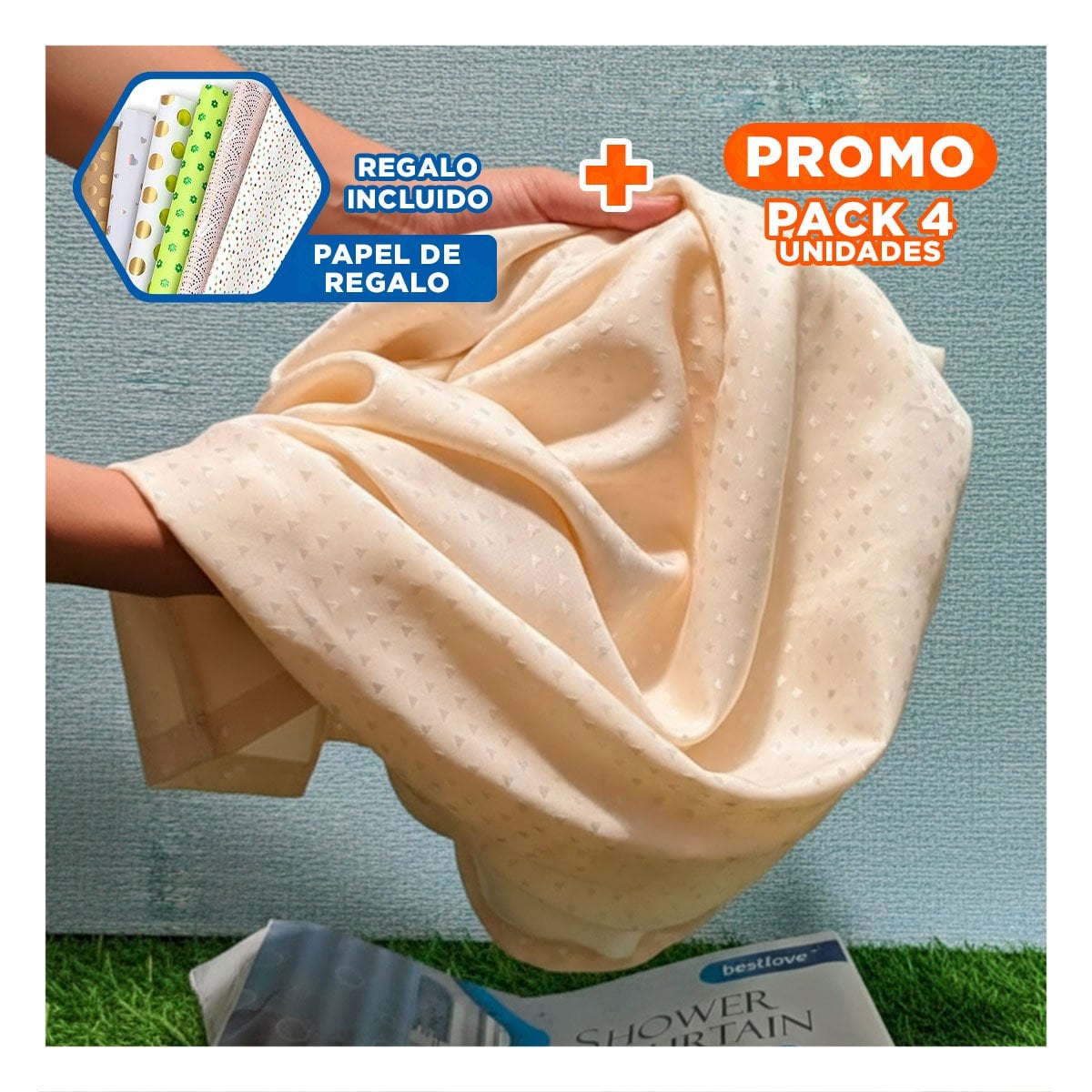 PACK4 PROTECCION PARA DUCHA COLOR MELON CON PATRON TRIANGULOS 180X180CM Y+REGALO STICKER - 1