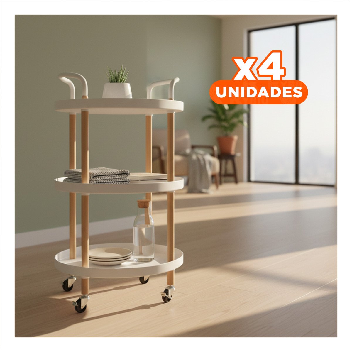 PACK4 MESA CARRITO 3 NIVELES CIRCULAR CON ASA BLANCO COMPACTO Y RESISTENTE Y+REGALO STICKER - 1