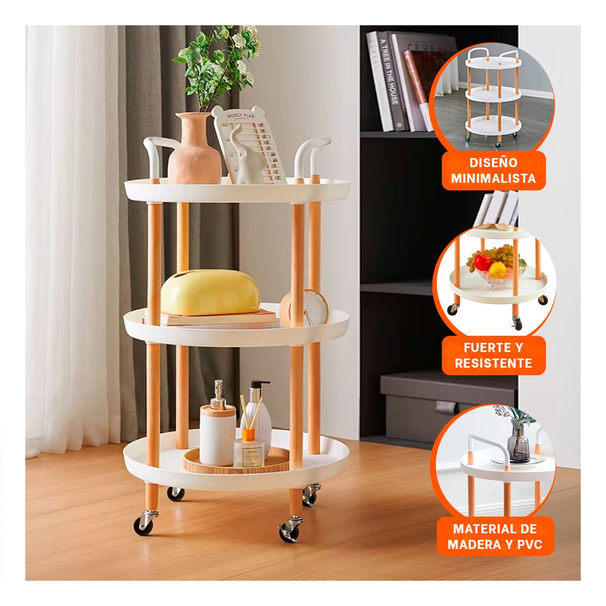 PACK4 MESA CARRITO 3 NIVELES CIRCULAR CON ASA BLANCO COMPACTO Y RESISTENTE Y+REGALO STICKER - 5