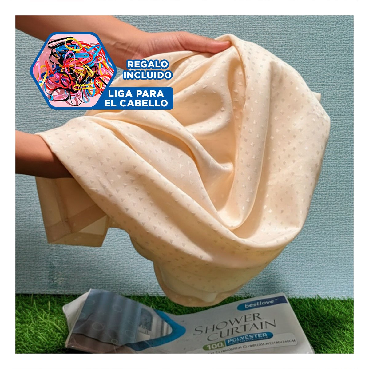CORTINA DE USO DIARIO PARA DUCHA MELON CON PATRON TRIANGULOS 180X180CM Y+LIGAS REGALO - 2