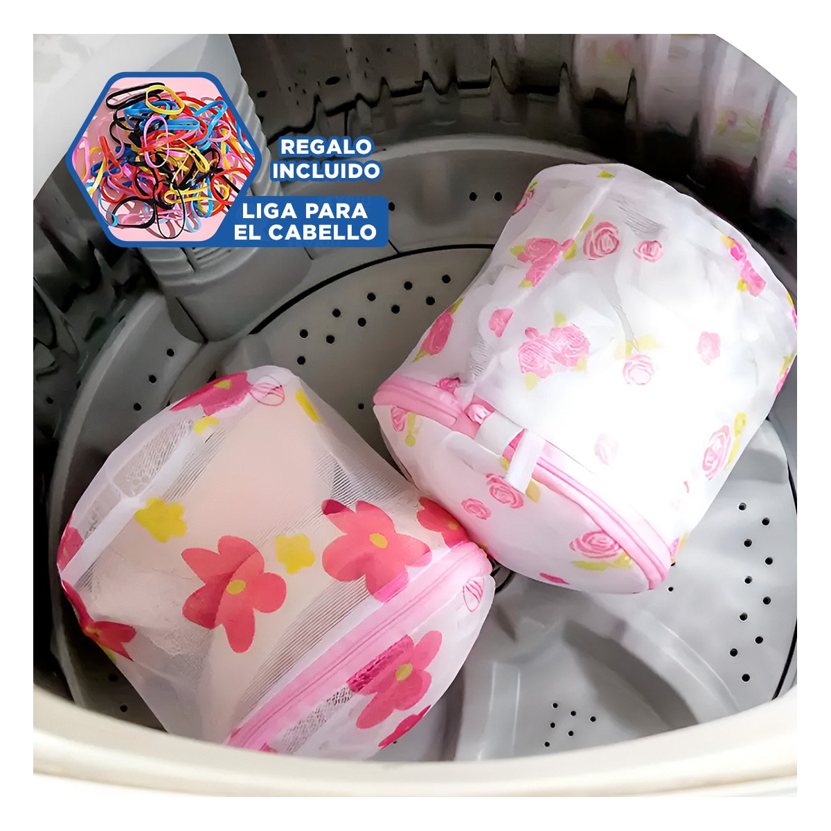 BOLSA MALLA LAVADORA ROPA DISENO CILINDRO BLANCO CON FLORES RESISTENTE Y+LIGAS REGALO - 2
