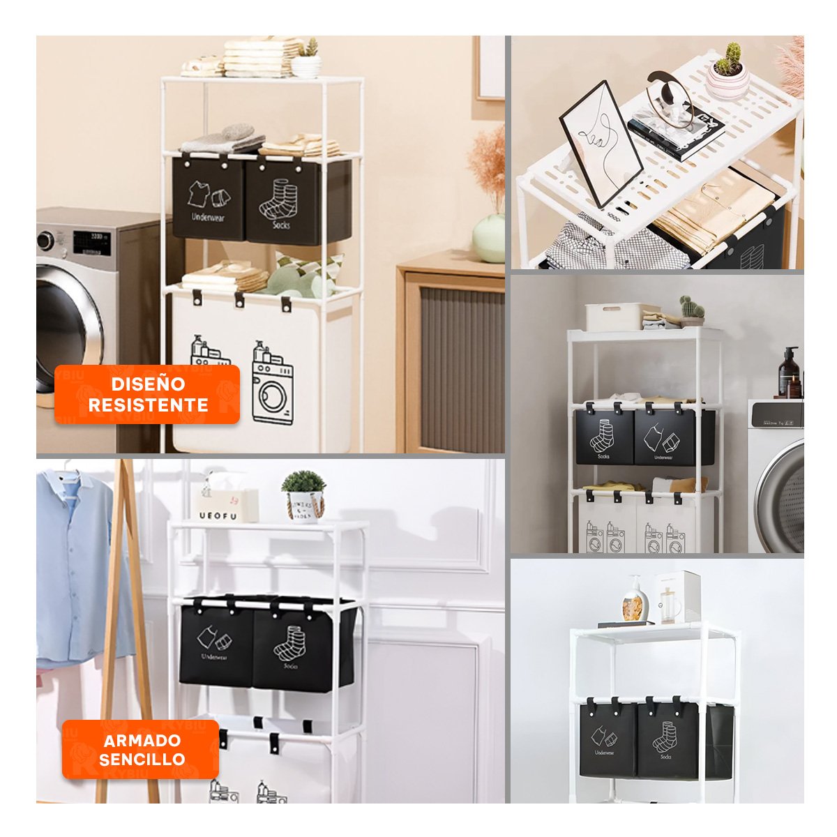 PACK6 TORRE ROPA SUCIA 3 NIVELES ESTRUCTURA PRACTICA CON 3 CESTOS NEGRO BLANCO Y+PAPEL REGALO - 3