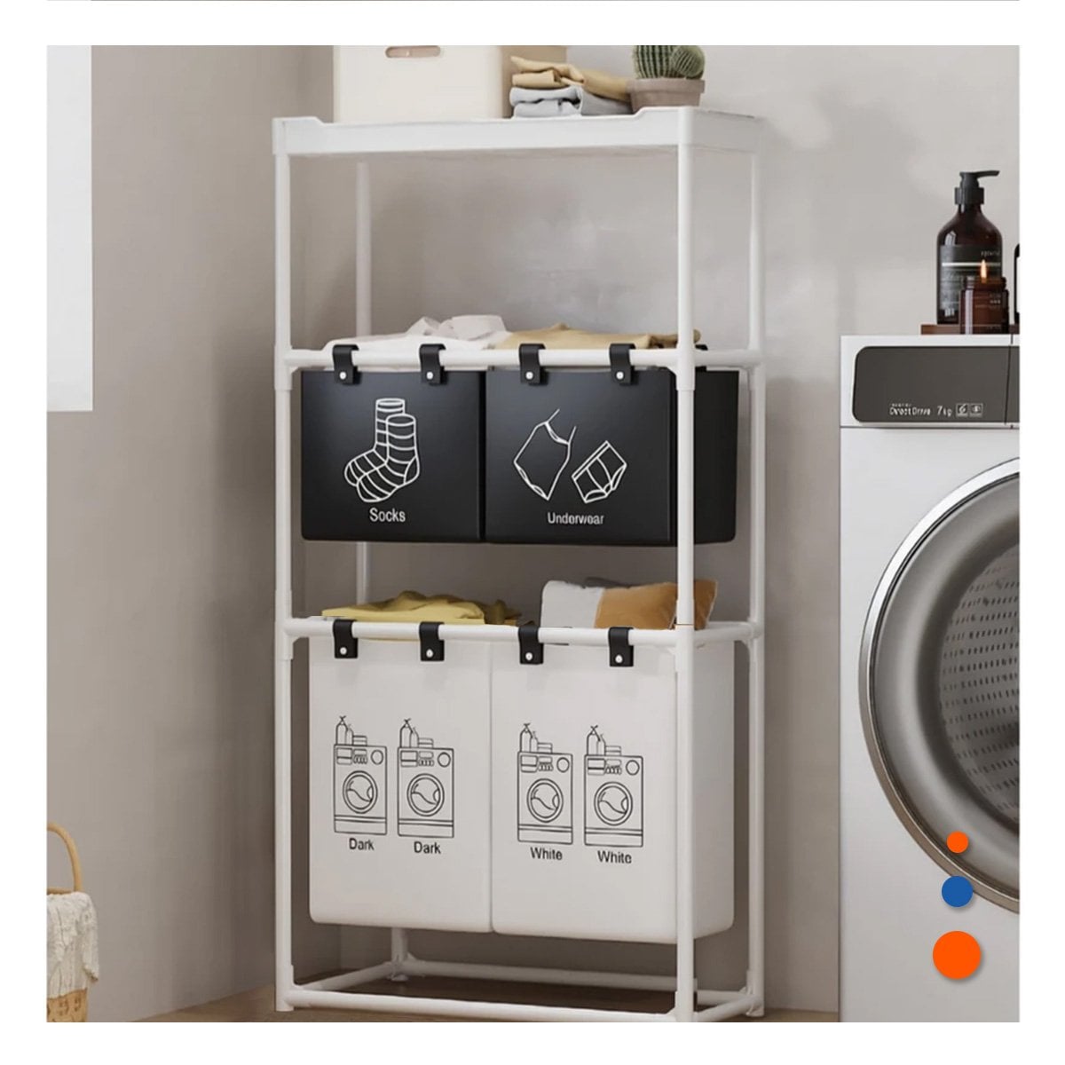 ORGANIZADOR ROPA SUCIA 3 NIVELES DISENO FUNCIONAL CON 3 CESTOS NEGRO BLANCO Y+PAPEL REGALO - 1