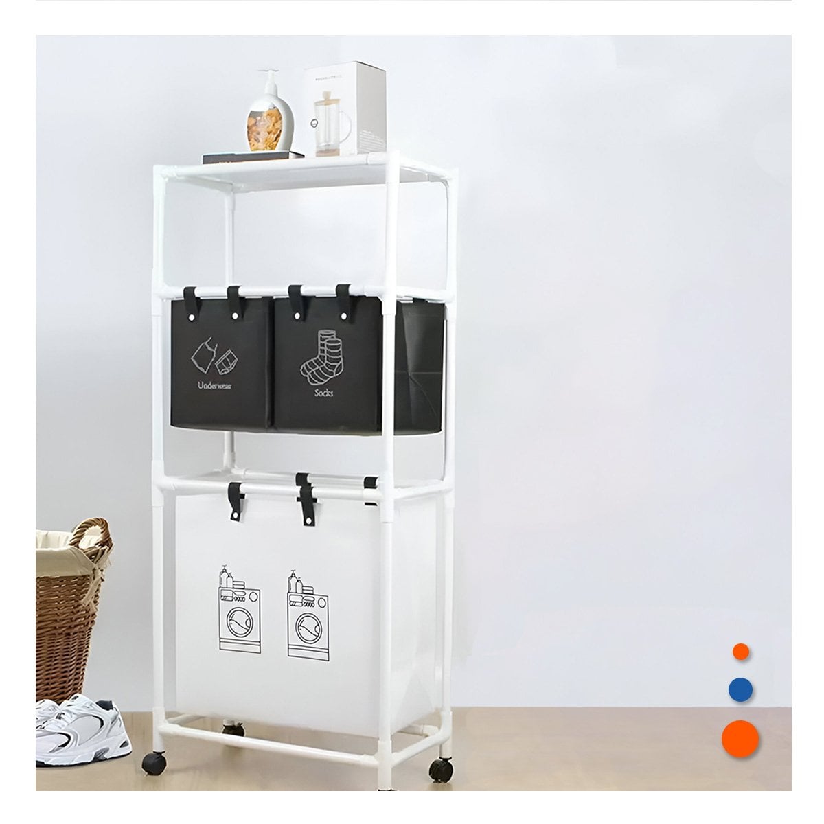 ORGANIZADOR ROPA SUCIA 3 NIVELES DISENO FUNCIONAL CON 3 CESTOS NEGRO BLANCO Y+PAPEL REGALO - 2