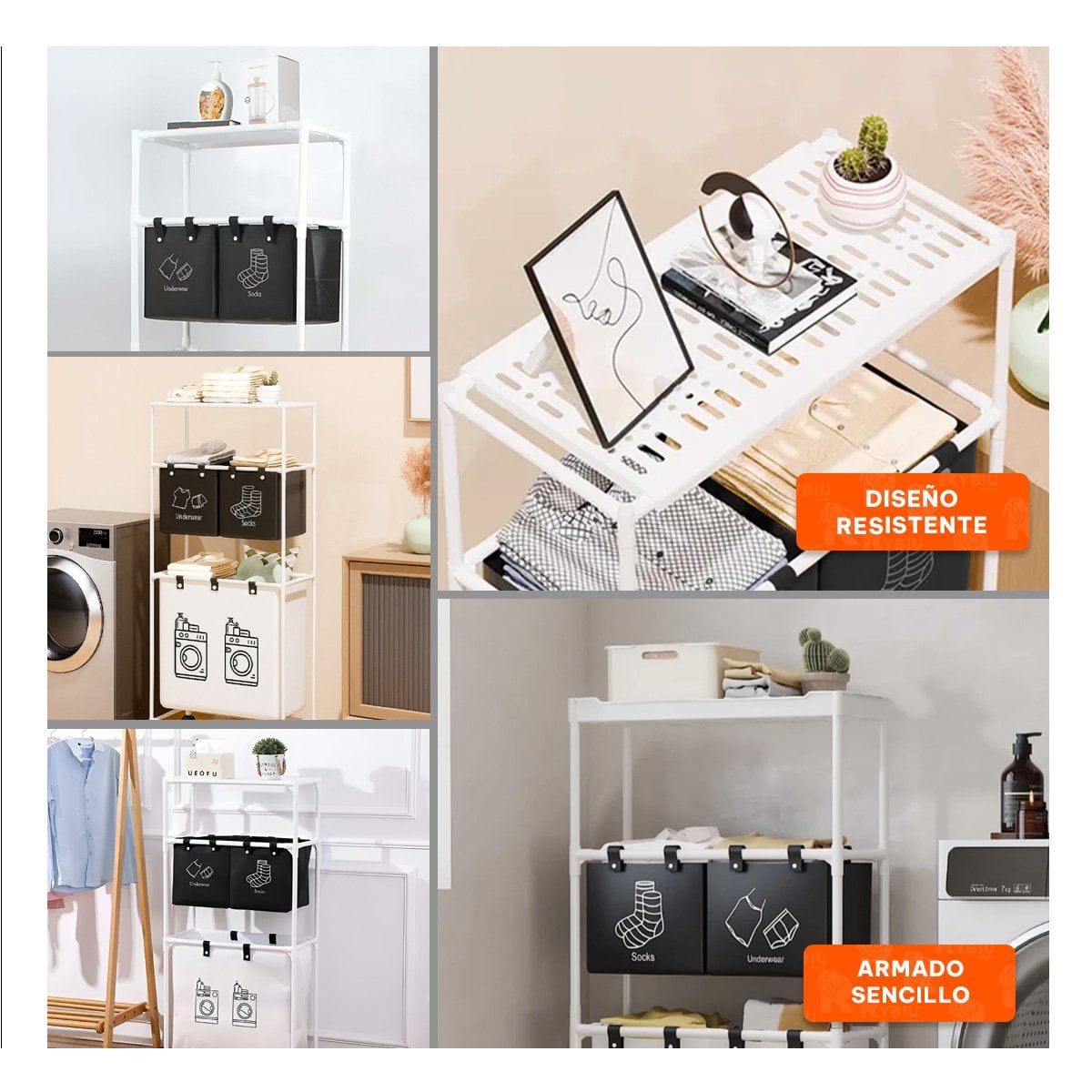 ORGANIZADOR ROPA SUCIA 3 NIVELES DISENO FUNCIONAL CON 3 CESTOS NEGRO BLANCO Y+PAPEL REGALO - 3