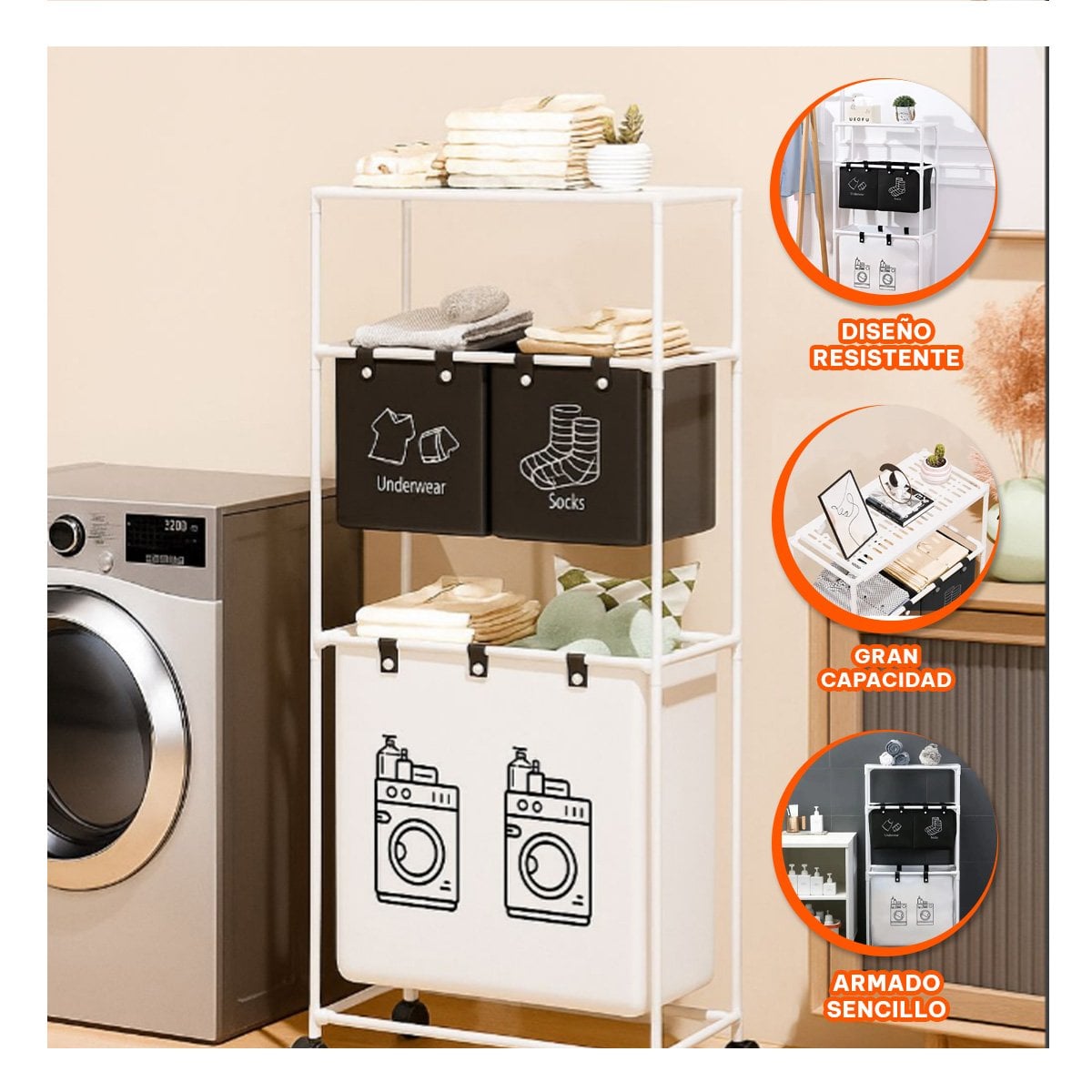 ORGANIZADOR ROPA SUCIA 3 NIVELES DISENO FUNCIONAL CON 3 CESTOS NEGRO BLANCO Y+PAPEL REGALO - 5