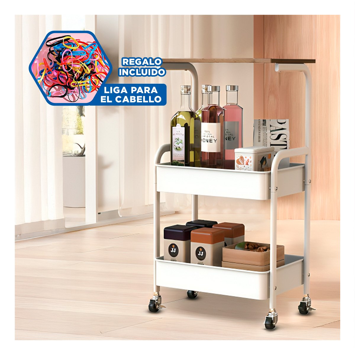 ESTANTE CARRITO CON MESA 3 NIVELES FORMA MODERNA CON RUEDAS BLANCO Y+LIGAS REGALO - 2