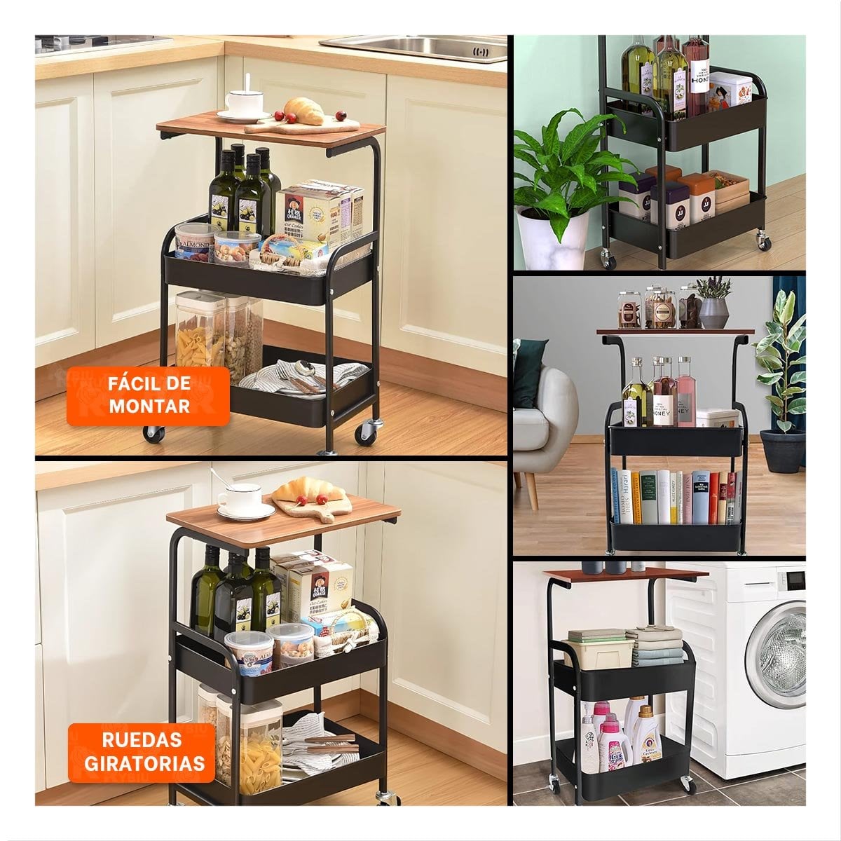 ESTANTE CARRITO CON MESA 3 NIVELES CON RUEDAS DISENO FUNCIONAL COLOR NEGRO - 2