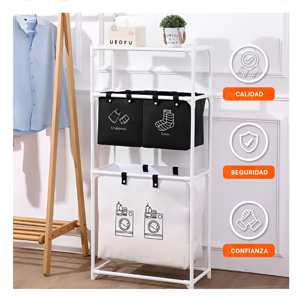 PACK2 MUEBLE ROPA SUCIA 3 NIVELES PRACTICA CON 3 CESTOS NEGRO BLANCO Y+REGALO STICKER - 2