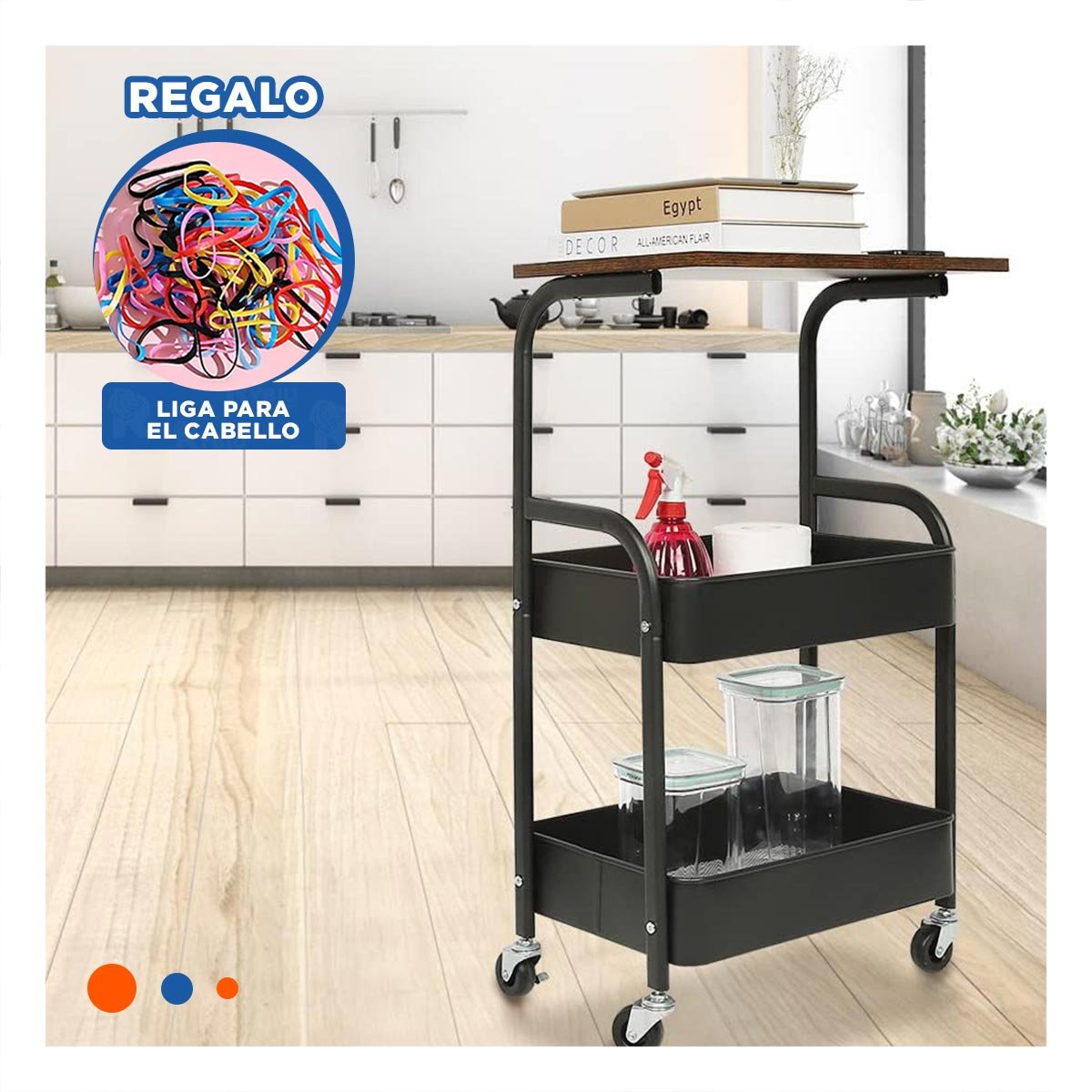 ESTANTE CARRITO CON MESA 3 NIVELES FORMA MODERNA CON RUEDAS NEGRO Y+LIGAS REGALO - 2