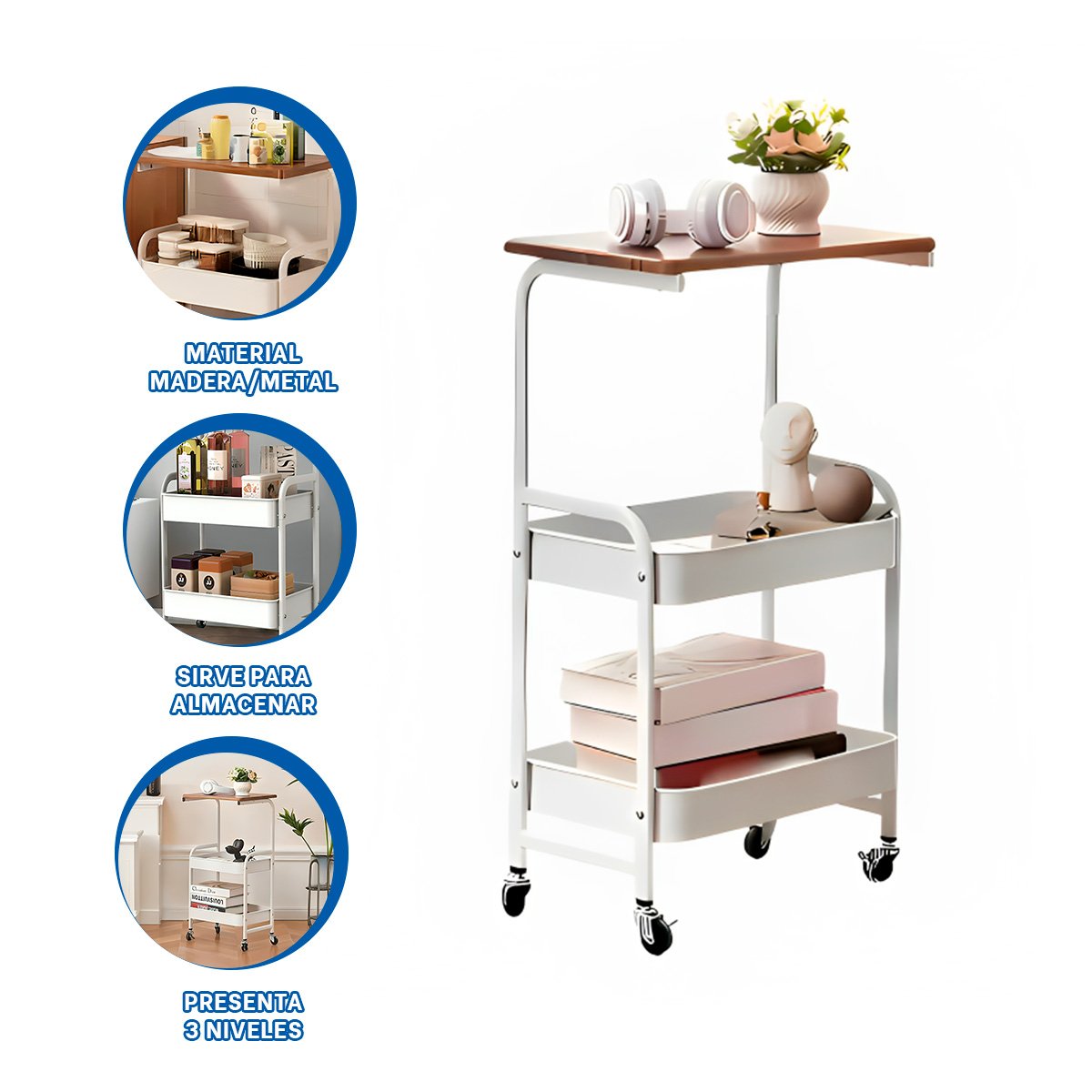 ESTANTE CARRITO CON MESA 3 NIVELES SOPORTE ORGANIZADOR CON RUEDAS BLANCO Y+POST IT - 5