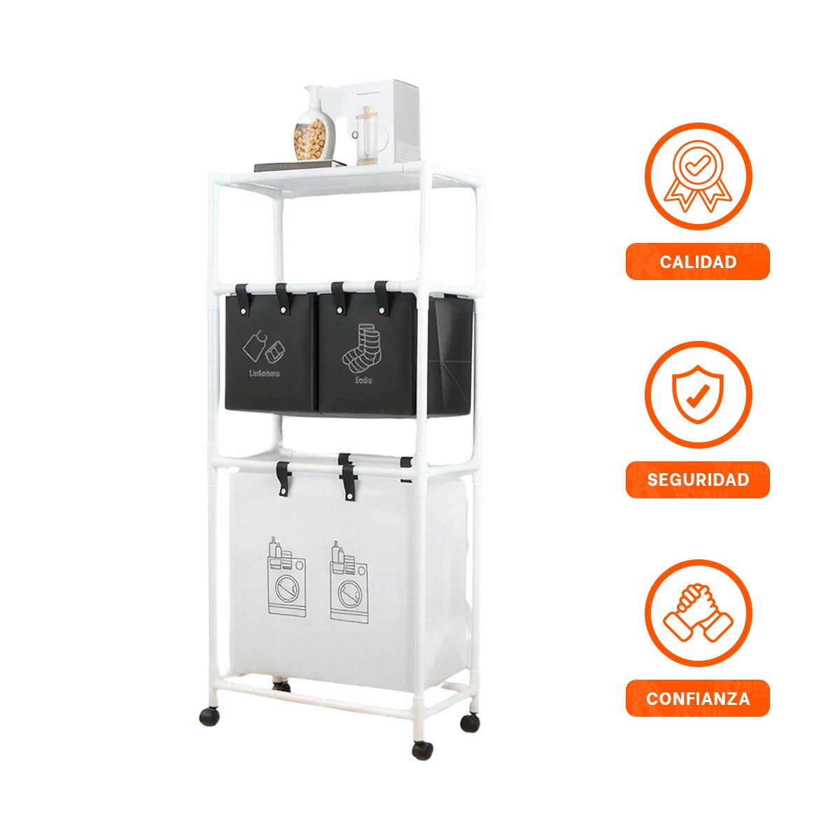 PACK4 MUEBLE ROPA SUCIA 3 NIVELES ALMACENAJE EFICIENTE CON 3 CESTOS NEGRO BLANCO Y+PAPEL REGALO - 3