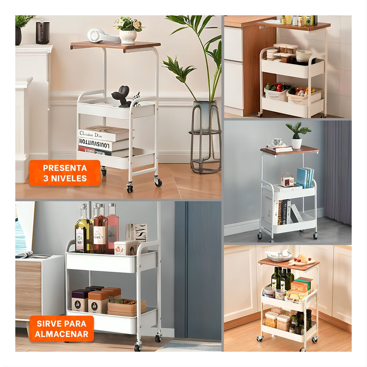 PACK2 MUEBLE CARRITO CON MESA 3 NIVELES ESTRUCTURA PRACTICA CON RUEDAS BLANCO Y+PAPEL REGALO - 3
