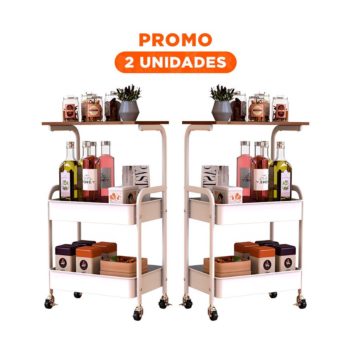 PACK2 MUEBLE CARRITO CON MESA 3 NIVELES ESTILO COMPACTO CON RUEDAS BLANCO Y+REGALO STICKER - 1