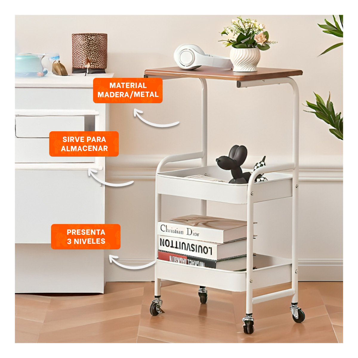 PACK6 MODULO CARRITO CON MESA 3 NIVELES ESTRUCTURA PRACTICA CON RUEDAS BLANCO - 1
