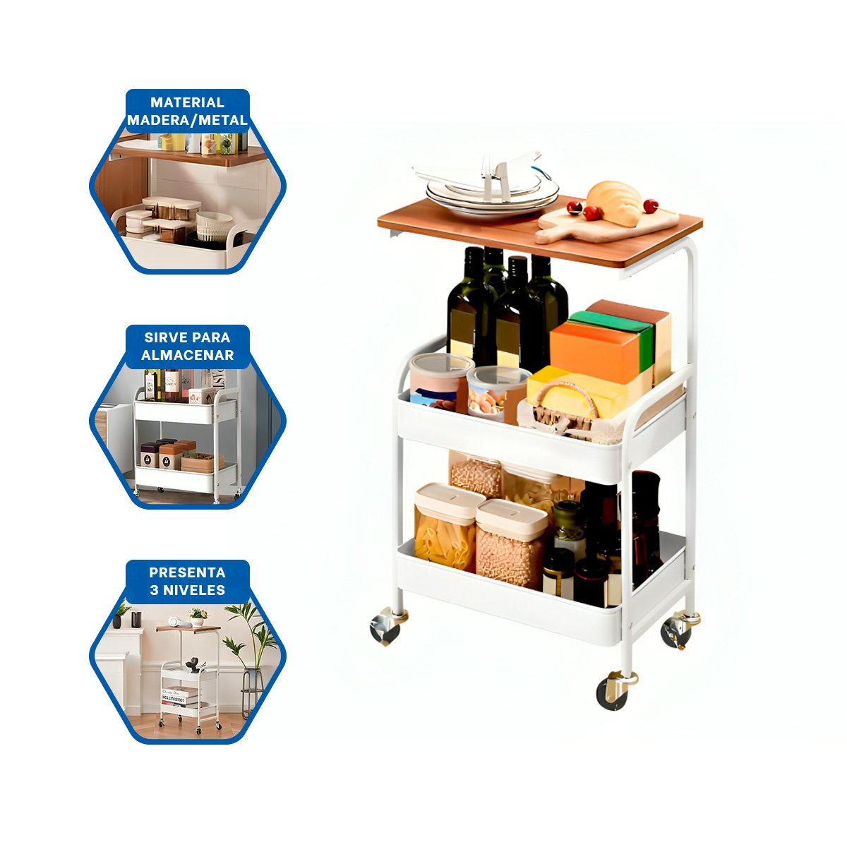 ESTANTE CARRITO CON MESA 3 NIVELES ESTRUCTURA PRACTICA CON RUEDAS BLANCO Y+PAPEL REGALO - 5