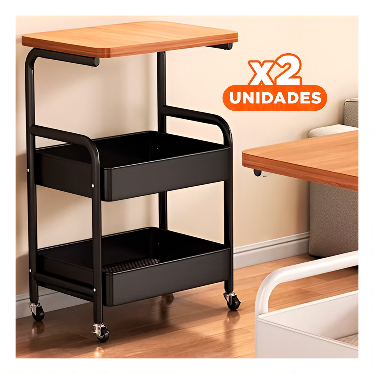 PACK2 MUEBLE CARRITO CON MESA 3 NIVELES CON RUEDAS DISENO FUNCIONAL NEGRO - 1