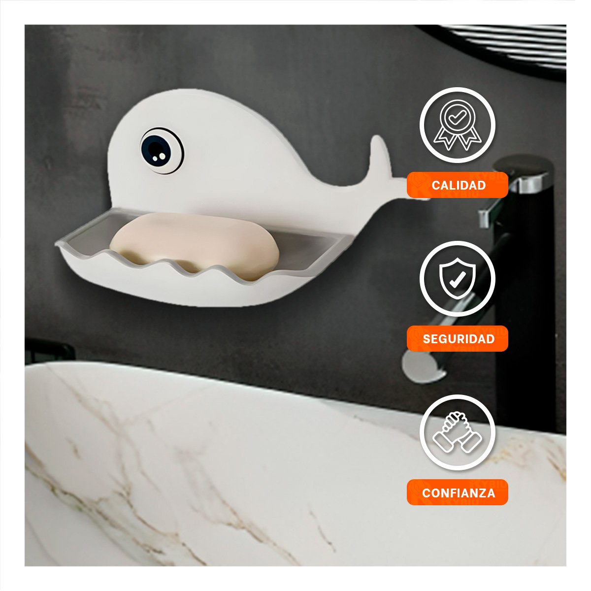 JABONERA COMPACTA BALLENA PARA HOGAR TOQUE ACTUAL BLANCO Y PLOMO Y+POST IT - 5