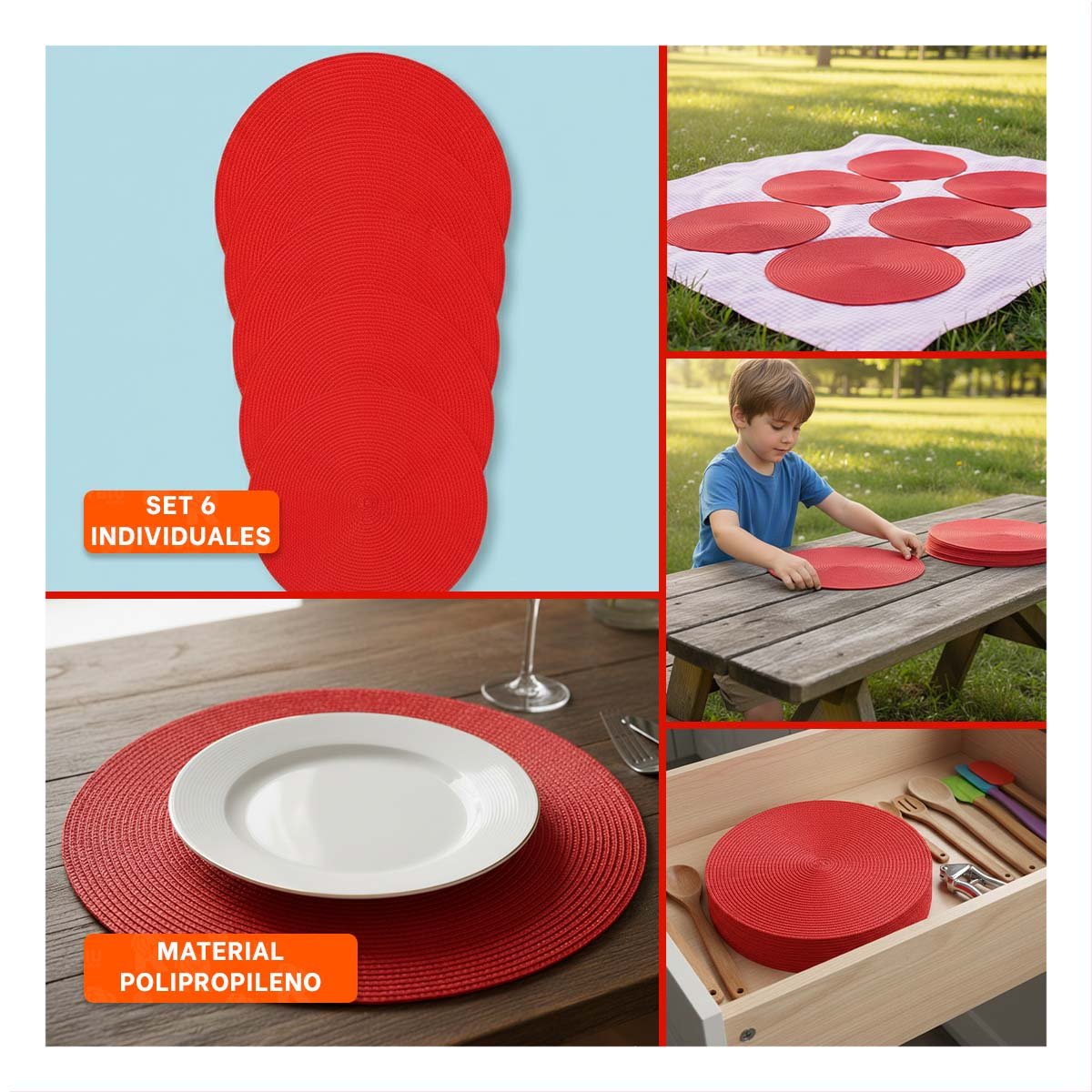 PACK2 MANTEL CIRCULAR PARA MESA FAMILIAR EN PAJITA MATE ROJO Y+PAPEL REGALO - 3