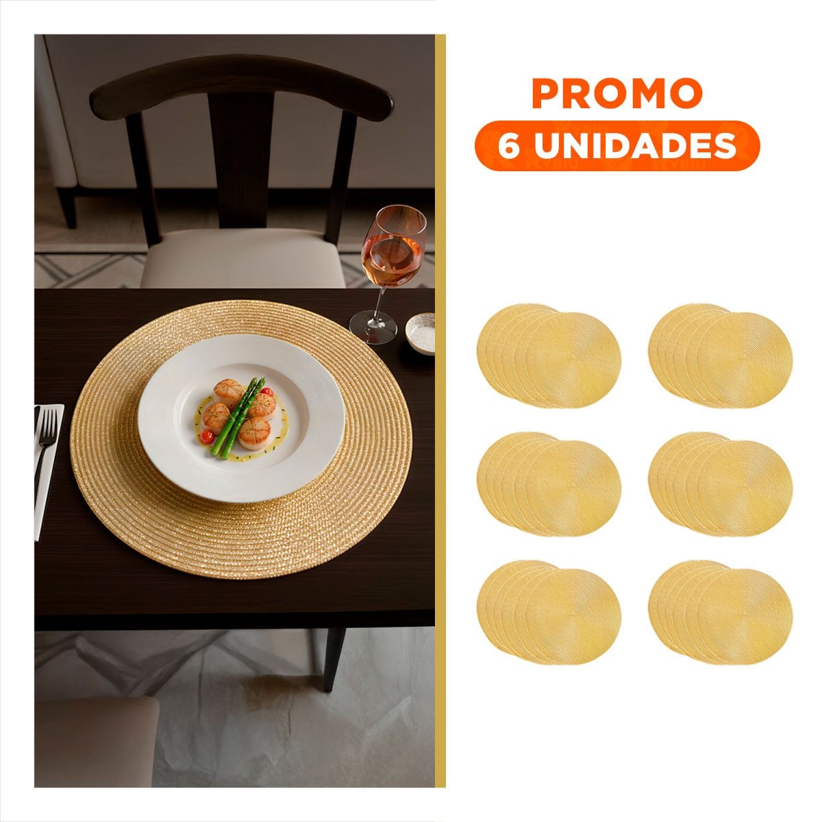 PACK6 BASE CIRCULAR PARA MESA FAMILIAR EN DORADO PAJITA BRILLOSO Y+REGALO STICKER - 1