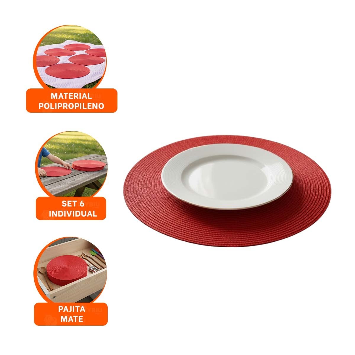 INDIVIDUAL DE MESA CIRCULAR CON SET SEIS EN ROJO PAJITA MATE MEDIDA 38X38CM Y+PAPEL REGALO - 5