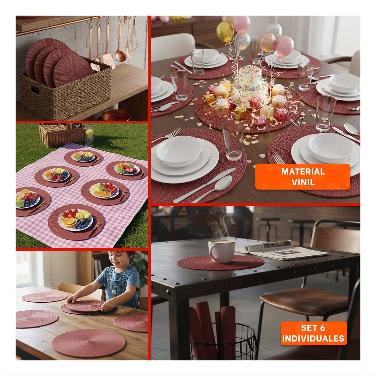 INDIVIDUAL DE MESA CIRCULAR CON SET SEIS EN ROJO MINI OJITAS MEDIDA 38X38CM Y+PAPEL REGALO - 3