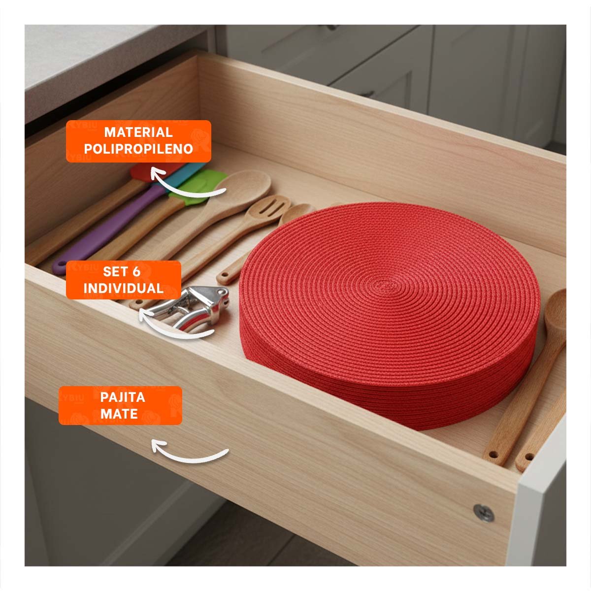 PACK6 BASE CIRCULAR ROJO PAJITA MATE PARA ESPACIOS DE COMEDOR DE DIMENSIONES 38X38CM - 2