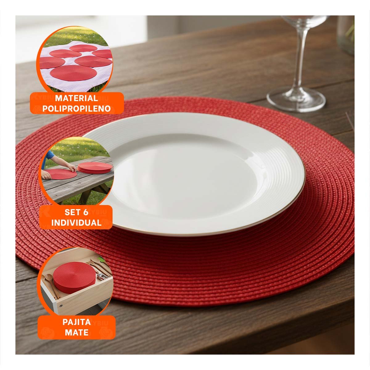 PACK4 BASE PARA MESA CIRCULAR EN PAJITA MATE ROJO SET SEIS Y+REGALO STICKER - 5