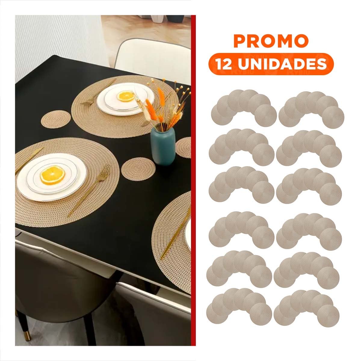 PACK12 BASE INDIVIDUAL CIRCULAR DORADO MINI OJITAS CON MEDIDA 38X38CM - 1