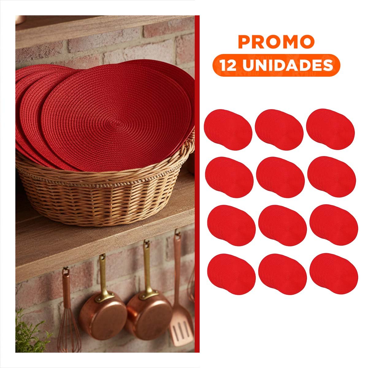 PACK12 BASE INDIVIDUAL CIRCULAR ROJO PAJITA MATE CON MEDIDA 38X38CM - 1
