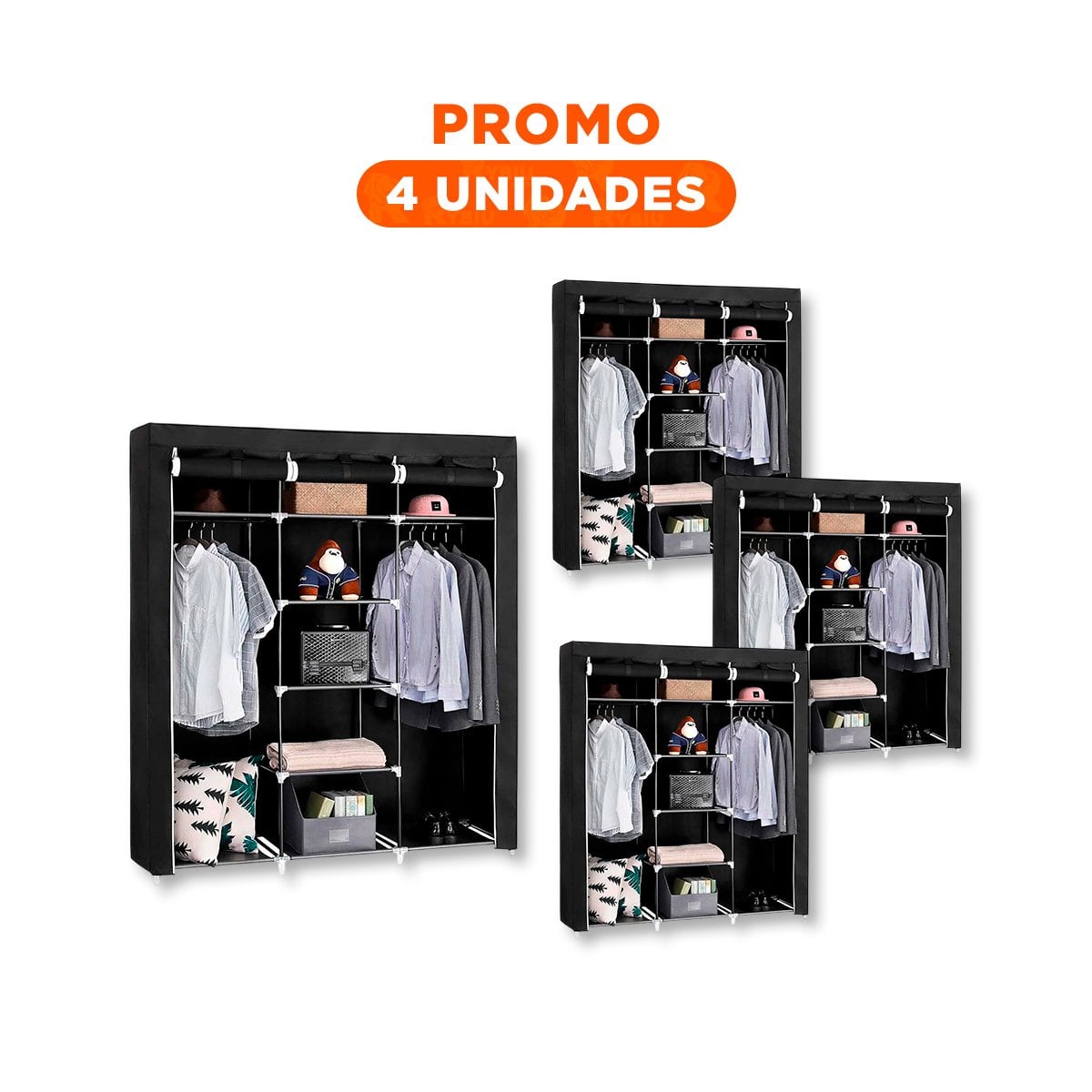 PACK4 ORGANIZADOR FUNCIONAL DE ROPA EN TELA CON BASE METALICA NEGRO 175X45X130CM - 1