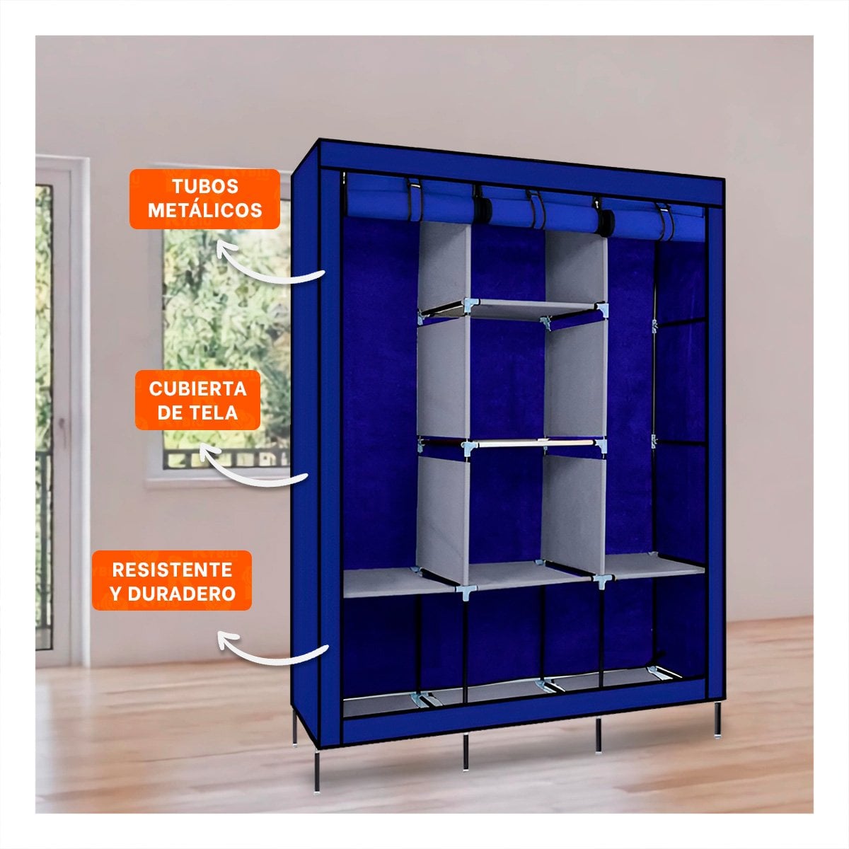 CLOSET ELEGANTE TEXTIL CON BASE METALICA AZUL HOGAR 175X45X130CM Y+PAPEL REGALO - 2