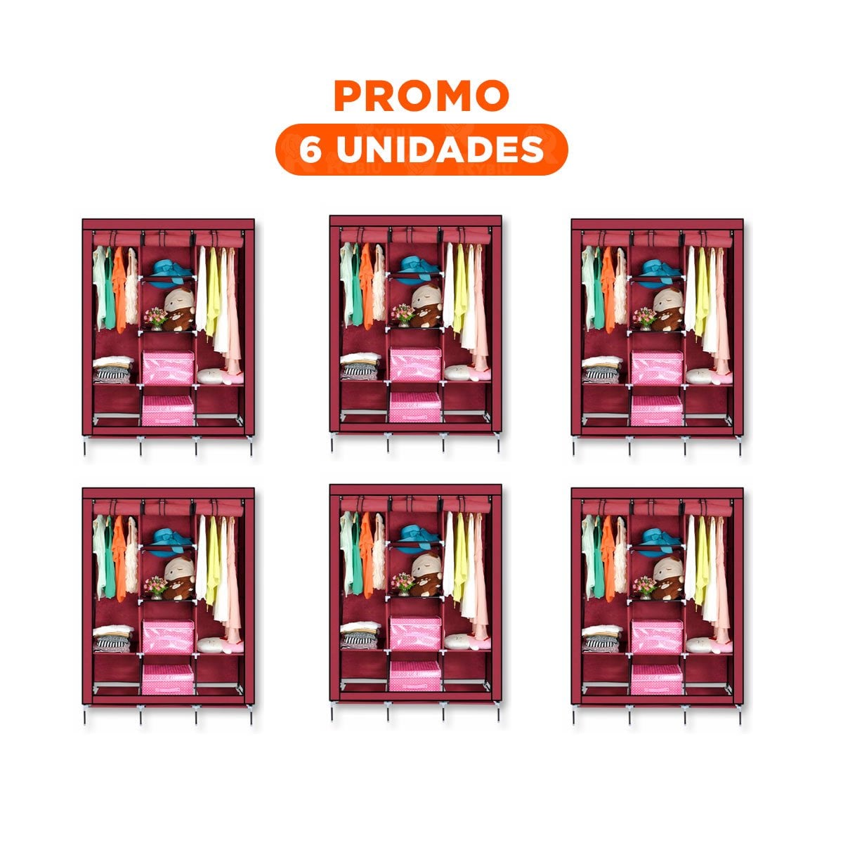 PACK6 ROPERO DE TELA CON ESTRUCTURA METALICA COLOR GUINDA 175X45X130CM Y+REGALO STICKER - 1
