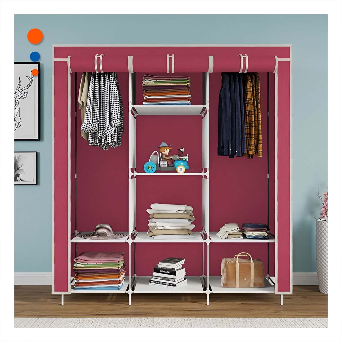 PACK6 ROPERO DE TELA CON ESTRUCTURA METALICA COLOR GUINDA 175X45X130CM Y+REGALO STICKER - 3