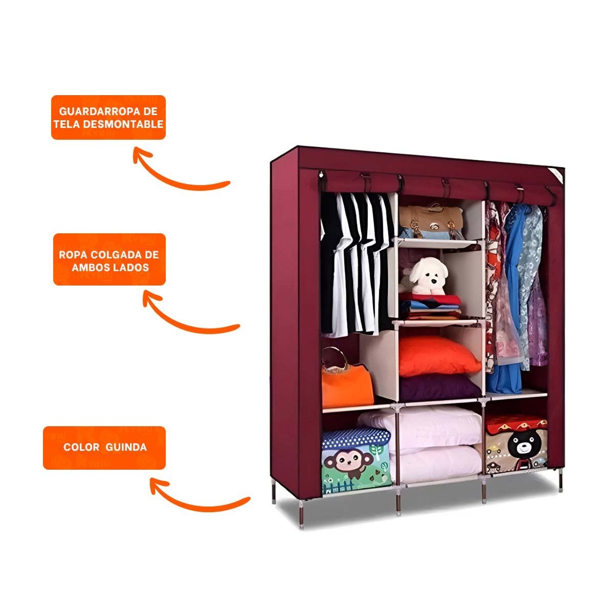 CLOSET MODERNO TEXTIL CON ESTRUCTURA METALICA GUINDA PARA CASA 175X45X130CM Y+POST IT - 5