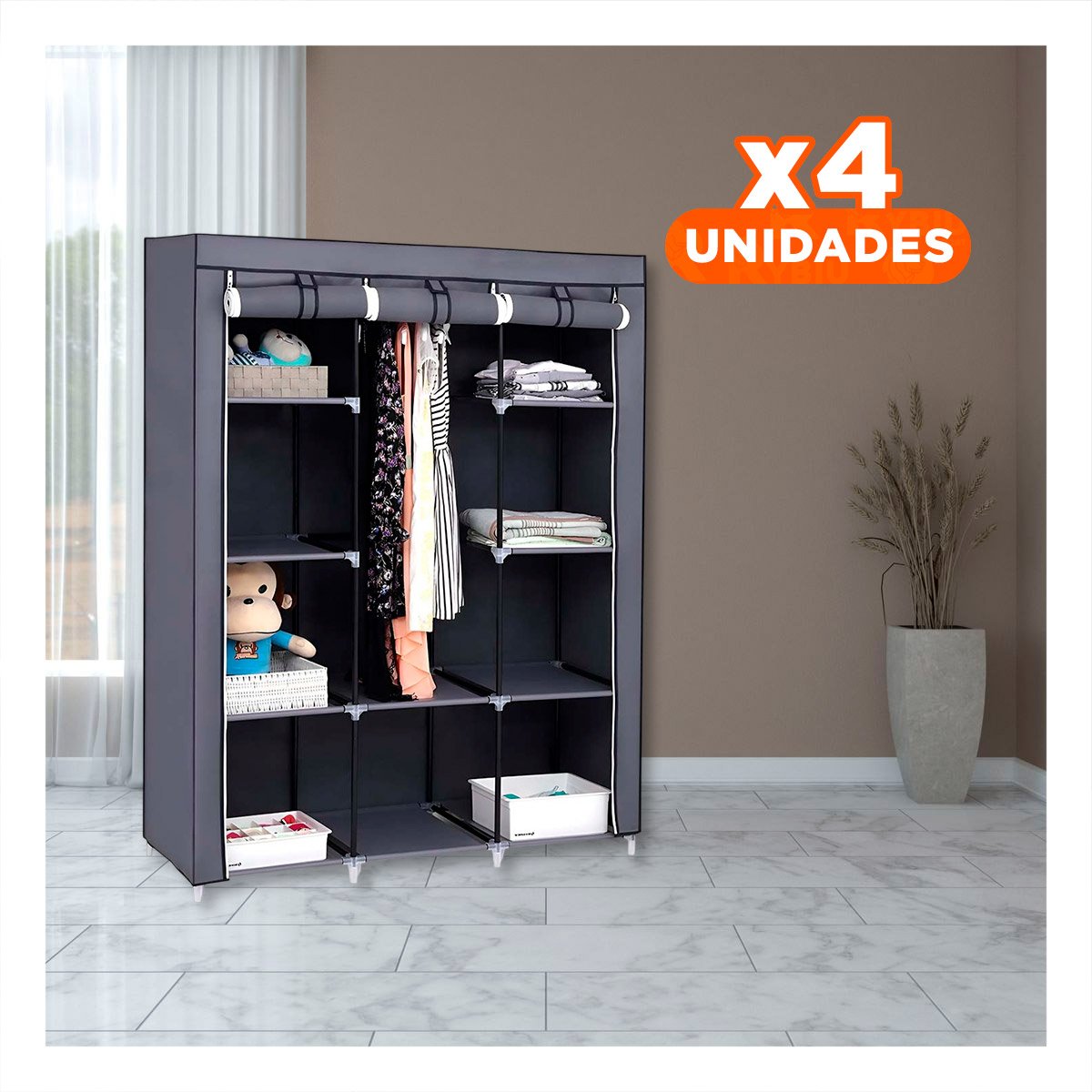 PACK4 ORGANIZADOR LIGERO DE ROPA EN TELA CON SOPORTE METALICO PLOMO 175X45X130CM Y+PAPEL REGALO - 1