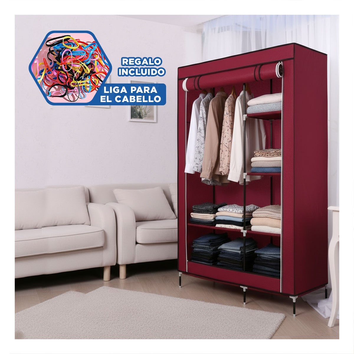 CLOSET LIGERO TEXTIL CON BASE METALICA FIRME GUINDA PARA CASA 105X45X168CM Y+LIGAS REGALO - 2