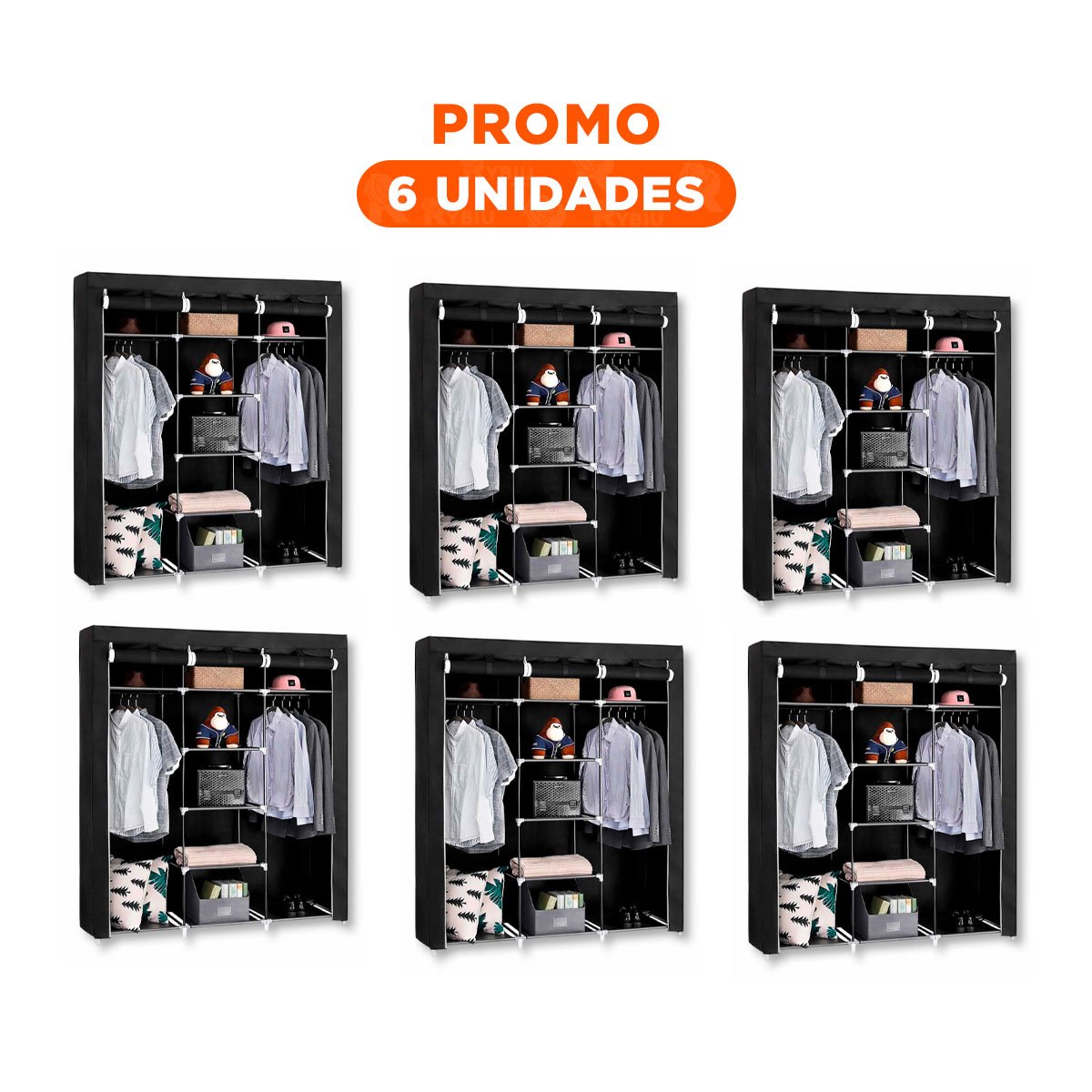 PACK6 ROPERO FUNCIONAL DE TELA CON ESTRUCTURA METALICA NEGRO 175X45X130CM Y+REGALO STICKER - 1