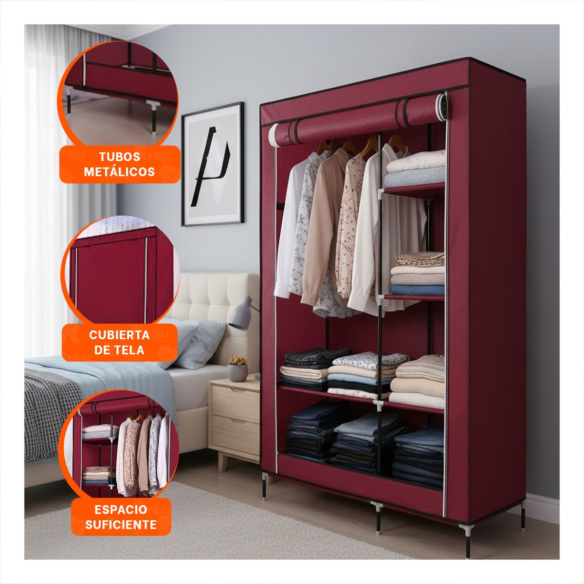 PACK4 ROPERO AMPLIO DE TELA CON ESTRUCTURA METALICA GUINDA HOGAR 105X45X168CM Y+REGALO STICKER - 5